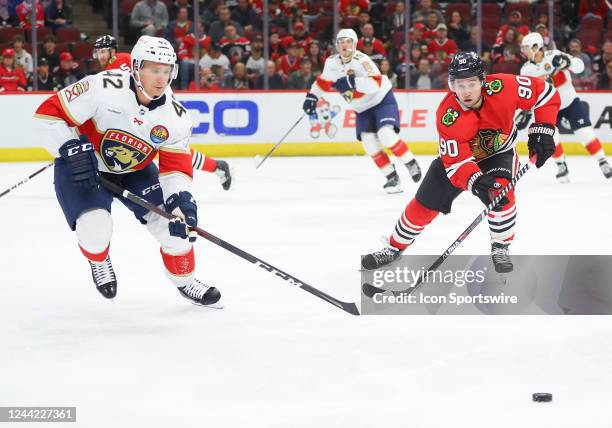 Chicago Blackhawks center Tyler Johnson and Florida Panthers defenseman Gustav Forsling in action during a game between the Florida Panthers and the...