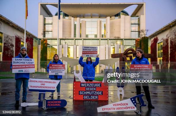 Activists display placards calling on the government to use more effective tools against money laundering and tax evasion during a protest in front...
