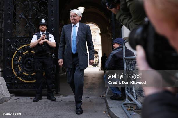 Minister for Development Andrew Mitchell arrives at Downing Street to attend the first meeting of the Prime Minister's cabinet on October 26, 2022 in...