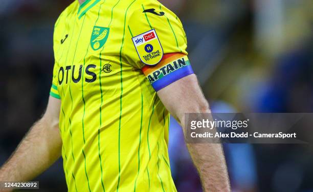 Norwich City's Grant Hanley wears a rainbow version of the captains armband during the Sky Bet Championship between Burnley and Norwich City at Turf...