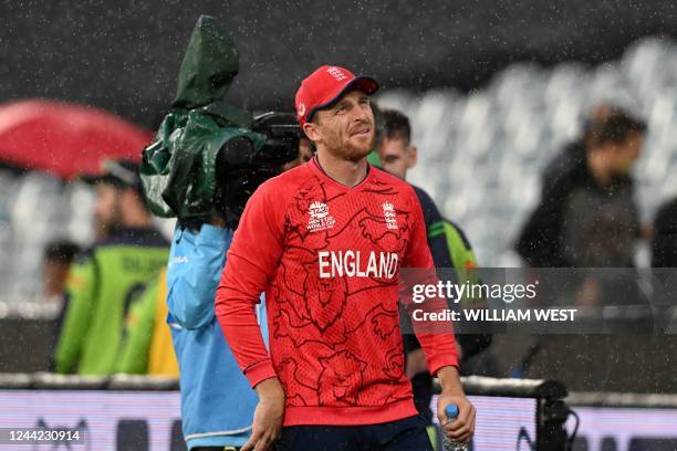 England's Captain Jos Buttler looks on after the ICC men's Twenty20 World Cup 2022 cricket match between England and Ireland at Melbourne Cricket...