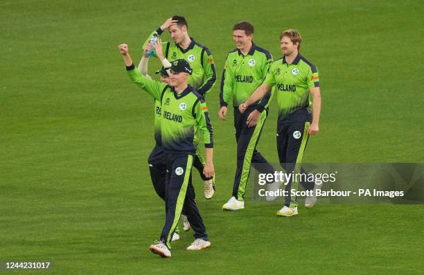 Ireland players celebrate following their win in the T20 World Cup Super 12 match at Melbourne Cricket Ground in Melbourne, Australia. Picture date:...