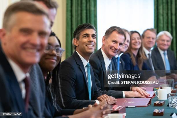 Britain's Prime Minister Rishi Sunak poses for a photograph alongside Britain's Chancellor of the Exchequer Jeremy Hunt and Britain's Secretary of...