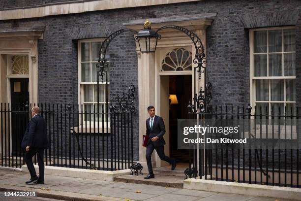 Prime Minister Rishi Sunak leaves 10 Downing Street for his first Prime Minister's Questions on October 26, 2022 in London, England. It was Mr...