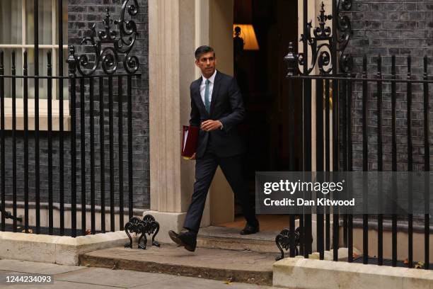 Prime Minister Rishi Sunak leaves 10 Downing Street for his first Prime Minister's Questions on October 26, 2022 in London, England. It was Mr...