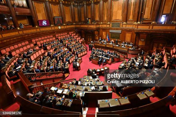 Italys new Prime Minister Giorgia Meloni and her cabinet listen to the debate before her address to the Italian Senate, ahead of a confidence vote in...