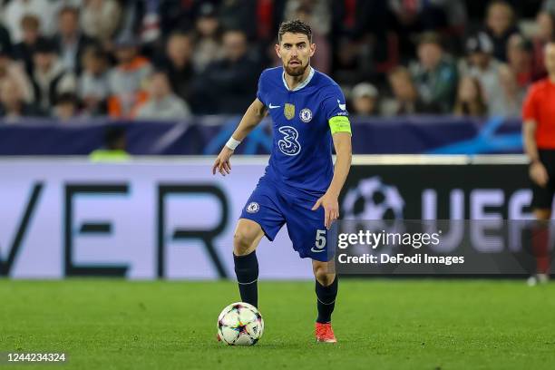 Jorginho of Chelsea FC controls the ball during the UEFA Champions League group E match between FC Salzburg and Chelsea FC at Football Arena Salzburg...