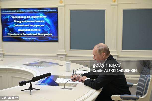 Russian President Vladimir Putin oversees the training of the strategic deterrence forces, troops responsible for responding to threats of nuclear...