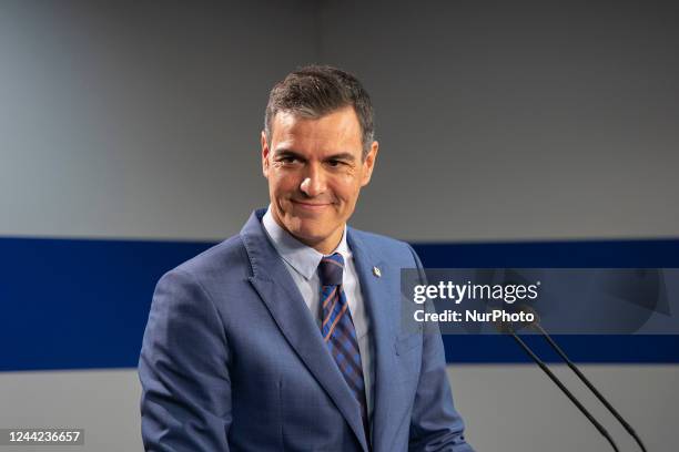 Pedro Sanchez Prime Minister of Spain seen smiling as he talks to the media at a press conference in Europa Building after the end of the second day...