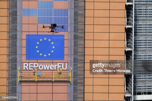 Drone from the police flies over the Berlaymont, the EU Commission headquarter, from the Schuman roundabout for training on October 26, 2022 in...