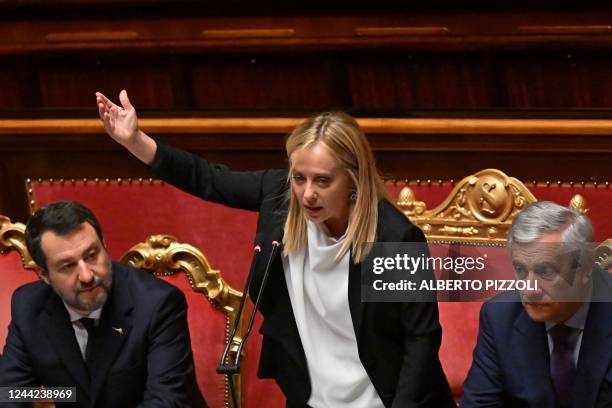Italys new Prime Minister Giorgia Meloni , flanked by Deputy Prime Minister and Minister of Infrastructure Matteo Salvini and Deputy Prime Minister...