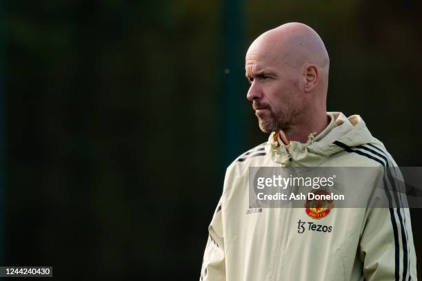Manchester United Head Coach / Manager Erik ten Hag looks on during a Manchester United training session at Carrington Training Ground on October 26,...