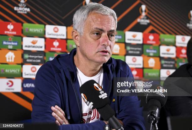 Roma's Portuguese coach Jose Mourinho addresses a press conference one day prior to the UEFA Europa League Group C football match between HJK...