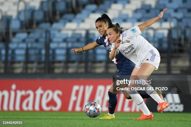 Paris Saint German's French defender Sakina Karchaoui vies with Real Madrid's Scottish midfielder Caroline Weir during the Women's Champions League...