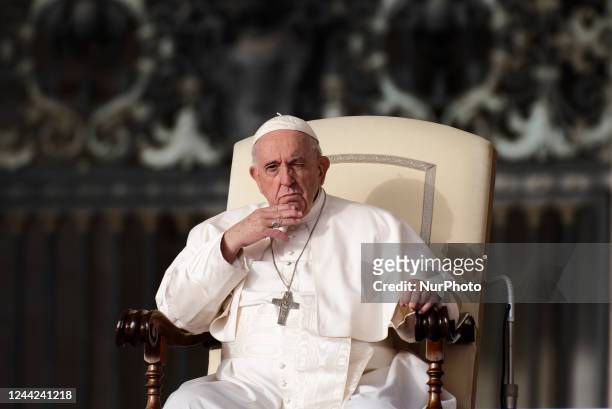 Pope Francis attends his weekly general audience at Saint Peter's Square in the Vatican on October 26, 2022.