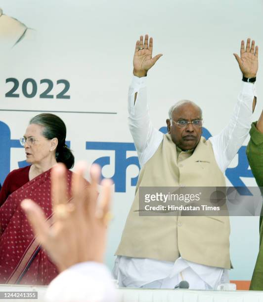 Newly elected Congress president Mallikarjun Kharge with former president Sonia Gandhi on October 26, 2022 in New Delhi, India. Mallikarjun Kharge...