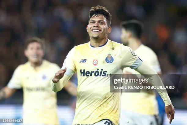 Porto's Brazilian midfielder Evanilson Barbosa celebrates scoring his team's second goal during the UEFA Champions League Group B second leg football...