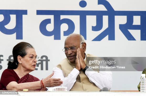 Newly elected Congress president Mallikarjun Kharge with former president Sonia Gandhi at AICC headquarters on October 26, 2022 in New Delhi, India....