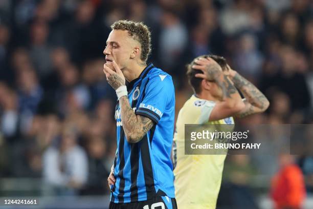 Club Brugge's Dutch midfielder Noa Lang reacts during the UEFA Champions League Group B second leg football match between Club Brugge KV and FC Porto...