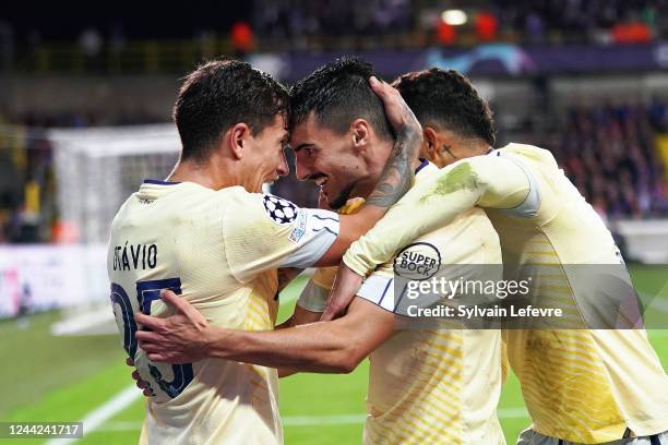 Stephen Eustaquio of FC Portocelebrates after scoring his team's 3rd goal during the UEFA Champions League group B match between Club Brugge KV and...