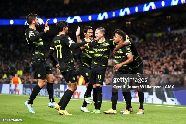 Marcus Edwards of Sporting CP celebrates after scoring a goal to make it 0-1 during the UEFA Champions League group D match between Tottenham Hotspur...