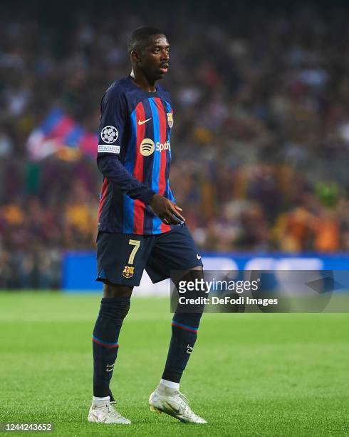 Ousmane Dembele of FC Barcelona looks on during the UEFA Champions League group C match between FC Barcelona and FC Bayern München at Spotify Camp...