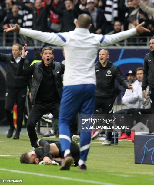 Frankfurt's Austrian head coach Oliver Glasner and Marseille's Croatian head coach Igor Tudor react and Frankfurt's Danish midfielder Jesper...