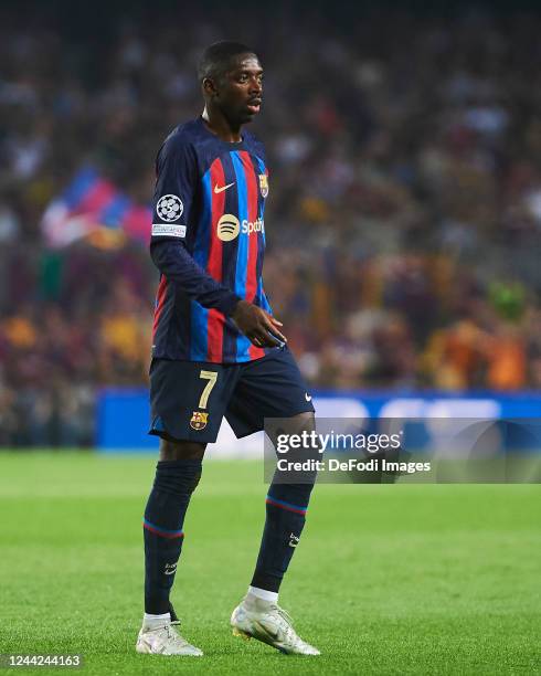 Ousmane Dembele of FC Barcelona looks on during the UEFA Champions League group C match between FC Barcelona and FC Bayern München at Spotify Camp...