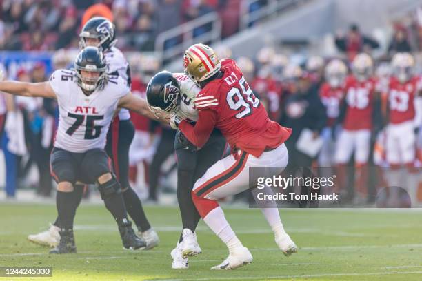 San Francisco 49ers defensive end Arden Key sacks Atlanta Falcons quarterback Matt Ryan during an NFL game in Santa Clara, Calif., Sunday, Dec. 19,...