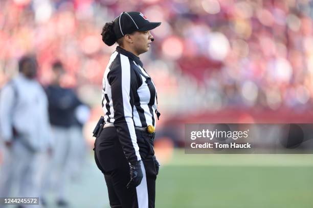 Line judge Maia Chaka officiates during an NFL game between the Atlanta Falcons and the San Francisco 49ers in Santa Clara, Calif., Sunday, Dec. 19,...