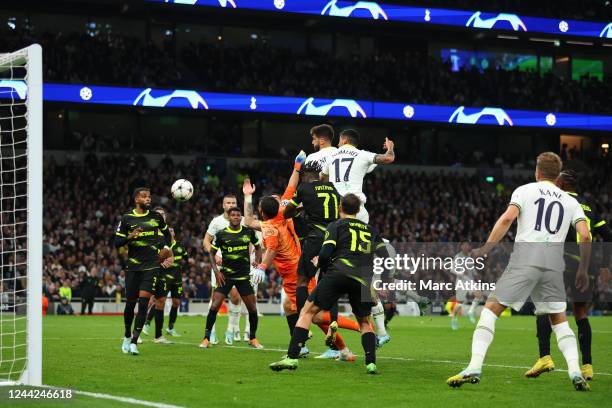 Rodrigo Bentancur of Tottenham Hotspur scores their 1st goal during the UEFA Champions League group D match between Tottenham Hotspur and Sporting CP...