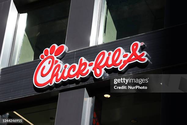 Chick-fil-A logo is seen near the restaurant in Chicago, United States on October 19, 2022.