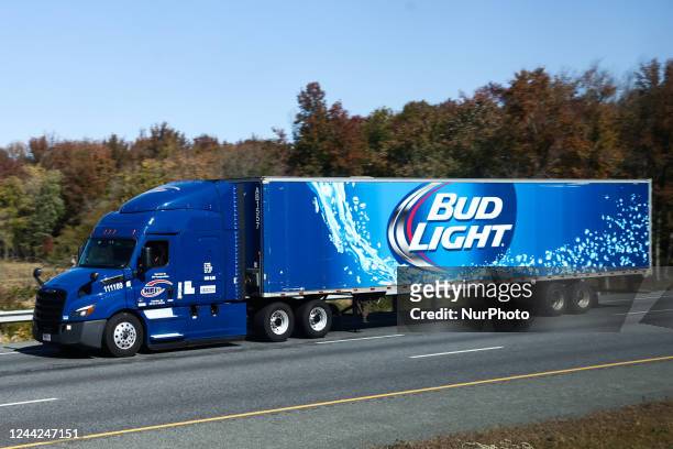 Bud Light logo is seen on a truck semitrailer on the highway in Maryland, United States on October 21, 2022.