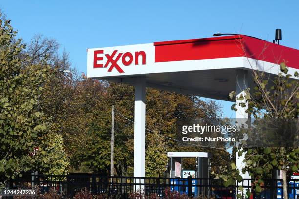 Exxon logo is seen on the gas station in Chicago, United States on October 19, 2022.