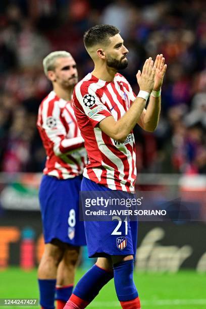 Atletico Madrid's Belgian midfielder Yannick Ferreira-Carrasco applauds at the end of the UEFA Champions League 1st round day 5, Group B football...