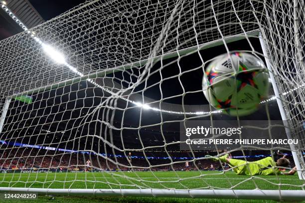 Atletico Madrid's Belgian midfielder Yannick Ferreira-Carrasco scores during the UEFA Champions League 1st round day 5, Group B football match...