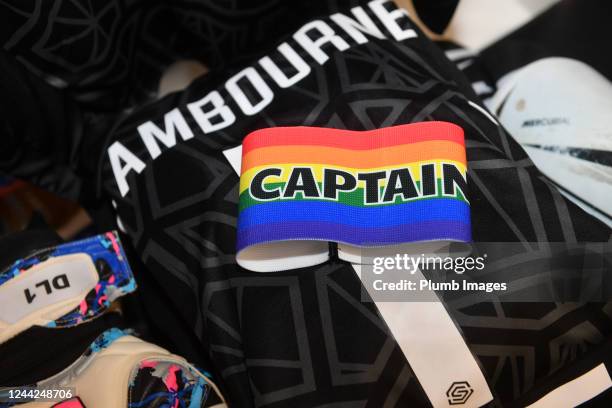 Rainbow captains arm band in The Pirelli Stadium home dressing room before the Leicester City v Liverpool - FA Women's Continental Tyres League Cup...