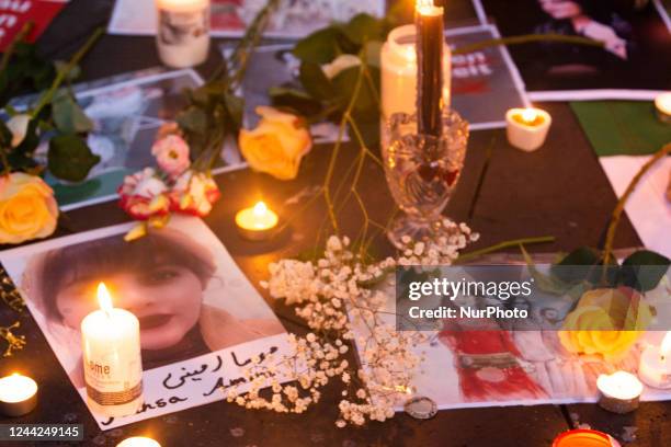 A picture of young girl who lost her lives during the protest movement in Iran during the mourning mark 40 days of death of Mahsa Amini in Cologne,...