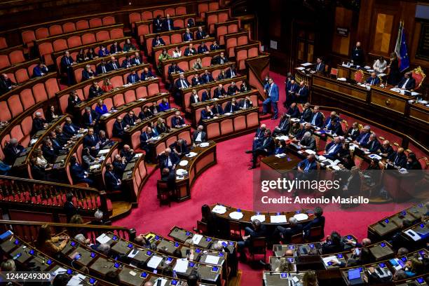 Italian Senator Silvio Berlusconi delivers his speech during the debate ahead of the confidence vote on the new Italian government at the Senate, on...