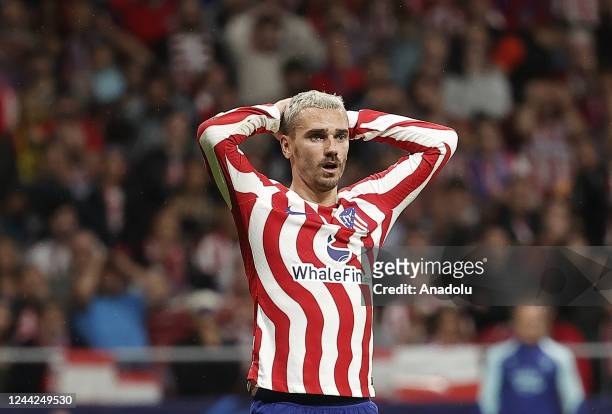 Antoine Griezmann of Atletico Madrid reacts during the UEFA Champions League Group B week 5 match between Atletico Madrid and Bayer Leverkusen at the...