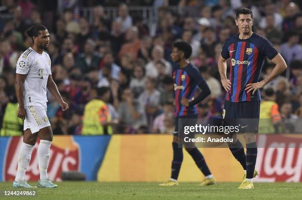 Barcelona's Polish forward Robert Lewandowski gestures during the Uefa Champions League football match between FC Barcelona vs Bayern Munchen at the...