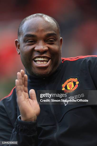 Manchester United assistant coach Benni McCarthy gestures during the Premier League match between Manchester United and Newcastle United at Old...