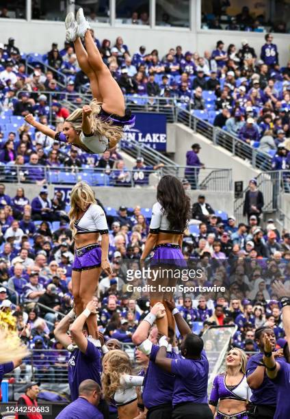Baltimore Ravens cheerleaders perform during the Cleveland Browns game versus the Baltimore Ravens on October 23, 2022 at M&T Bank Stadium in...