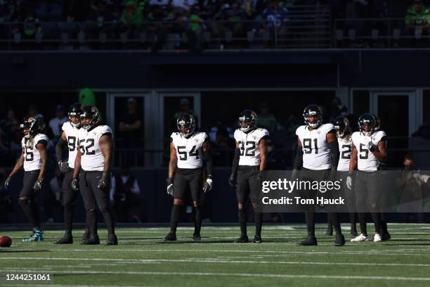 Jacksonville Jaguars middle linebacker Damien Wilson and cornerback Tyson Campbell with the Jacksonville Jaguars defense on the field on the field...