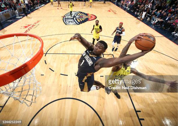 Zion Williamson of the New Orleans Pelicans attempts to dunks the ball against the Utah Jazz on October 23, 2022 at the Smoothie King Center in New...