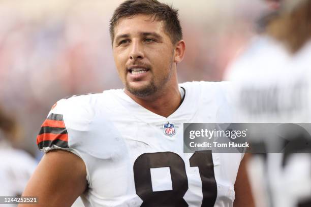 Cleveland Browns tight end Austin Hooper runs on the field during an NFL football game against the Los Angeles Chargers Sunday, Oct. 10 in Inglewood,...