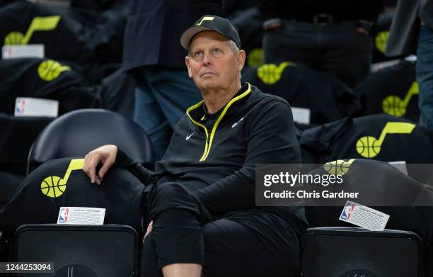 Danny Ainge, CEO of the Utah Jazz, watches warm-up before their game against the Houston Rockets at the Vivint Arena on October 26, 2022 in Salt Lake...