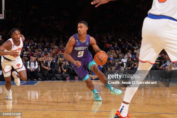 Theo Maledon of the Charlotte Hornets dribbles the ball during the game against the New York Knicks on October 26, 2022 at Madison Square Garden in...