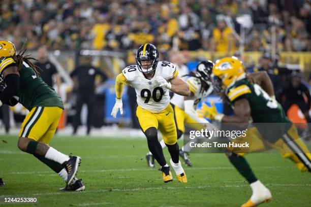 Pittsburgh Steelers outside linebacker T.J. Watt runs on the field during an NFL football game against the Green Bay Packers Sunday, Oct. 3 in Green...