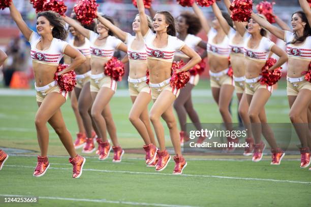 San Francisco 49ers cheerleaders cheer during an NFL game against the Green Bay Packers in Santa Clara, Calif., Sunday, Sept. 26, 2021. The Packers...